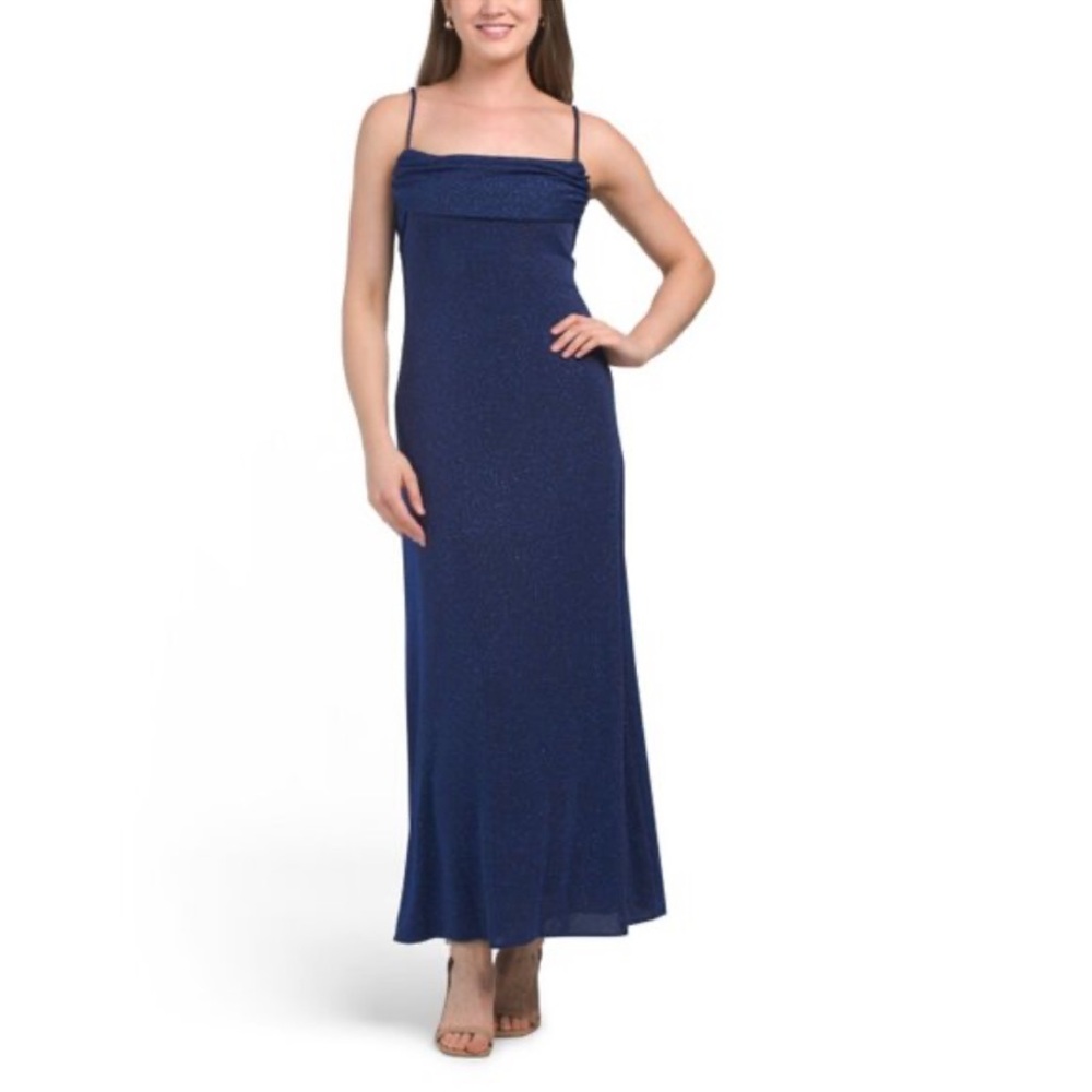 Betsy & Adam Draped Neck Gown‎ Navy Glitter 10 Petite